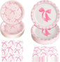180Pcs Pink Bow Party Supplies Paper Plates and Napkins Serve 60 | Disposable by Hpscdyo
