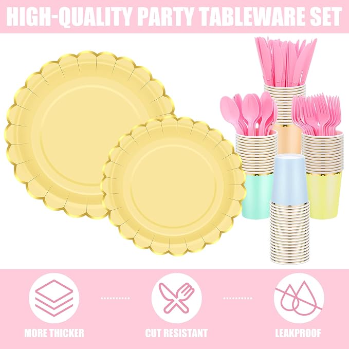 Yaomiao 168 Pcs Pastel Scalloped Paper Plates Cups Napkin - Image 3