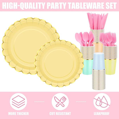 Yaomiao 168 Pcs Pastel Scalloped Paper Plates Cups Napkin - Image 3