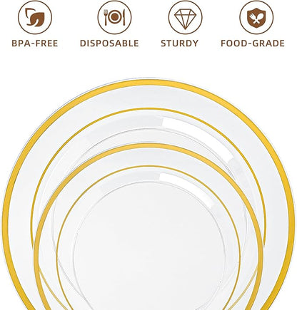200PCS Clear Plastic Plates with Gold Rim, Disposable Heavy Duty Plastic Plate, 100 Dinner and 100 Dessert Plates for Party and Wedding