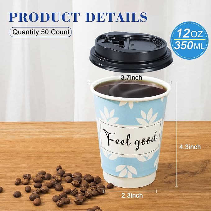 Disposable Coffee Cups with Lids 12 oz, 50 Pack Double-Walled Paper Coffee Cups - Image 5