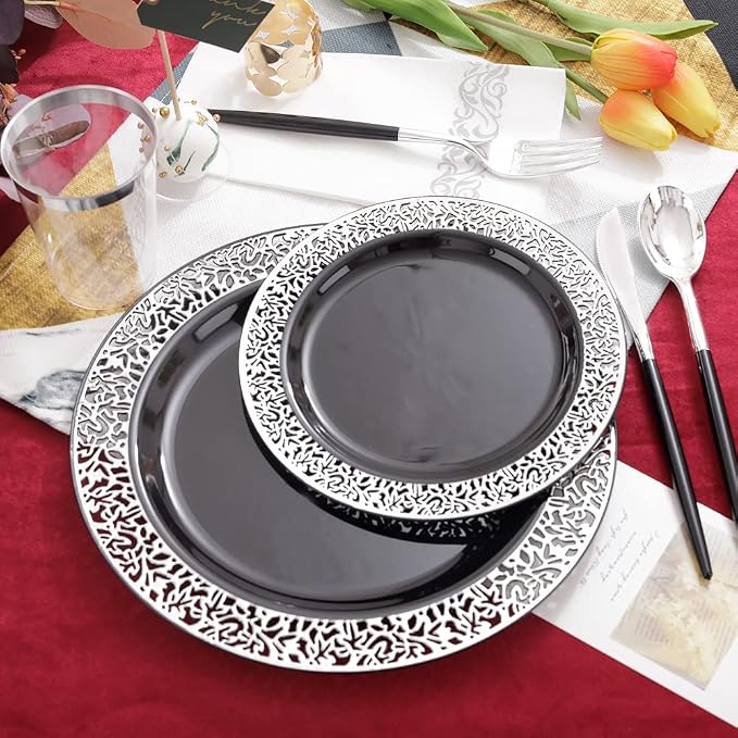 LIYH 350Pcs Black Silver Lace Plastic Plates Dinnerware Set - Image 9