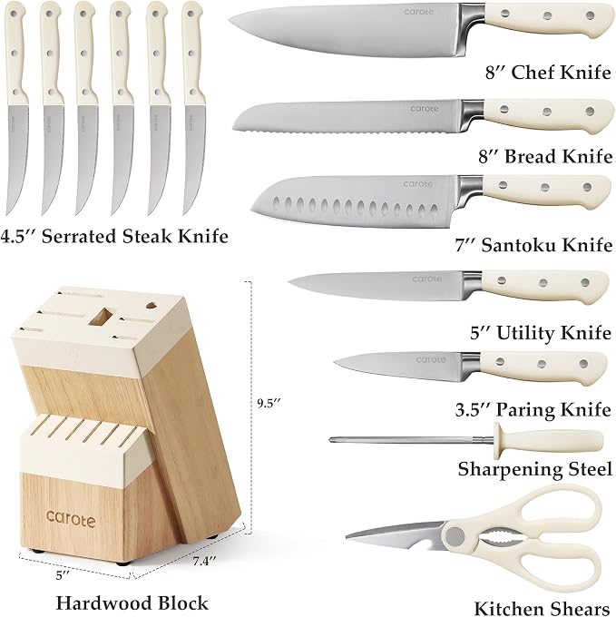 CAROTE 14-Piece Knife Set with Wood Block, Rust-Resistant, Cream | Razor-Sharp - Image 2