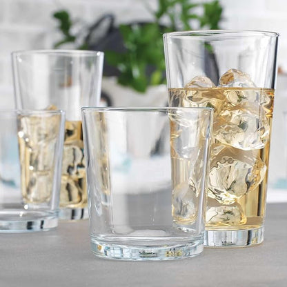 Glaver's Drinking Glasses Set of 12. Glassware set, 6 Highball Glass Cups, 6 Whiskey glasses. Classic Drinkware Set 17 oz Tall Glasses Set and 13 oz Rock Glasses.