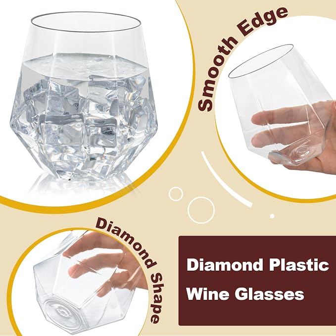 Goodluck 80 PCS 12oz Diamond Stemless Clear Plastic Wine Whiskey Glasses | - Image 3