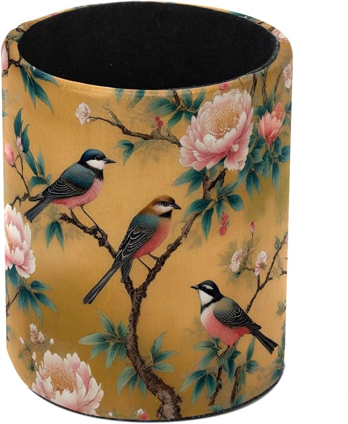 Leather Pen Holder for Desk, Peony Bird Pencil Cup Pen Organizer Makeup Brush by Unknown