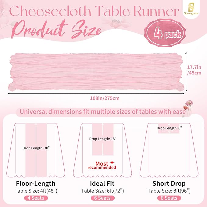 Showgeous 4 Pack Light Pink Cheesecloth Table Runner, 17 x 108 Inches | Boho - Image 2