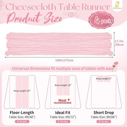 Showgeous 4 Pack Light Pink Cheesecloth Table Runner, 17 x 108 Inches | Boho - Image 2