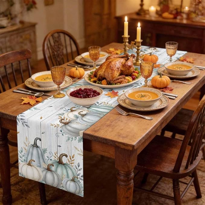 Gray Green Pumpkin Fall Table Runner 72 Inches Long, Thanksgiving Table Runners - Image 3
