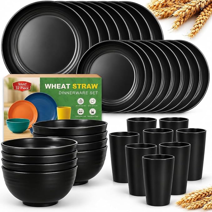 Teivio 32-Piece Kitchen Plastic Wheat Straw Dinnerware Set, Service by Teivio