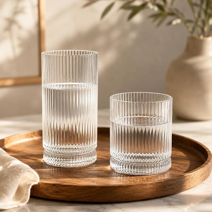 KEMORELA Ribbed Glassware Set of 8—4 Large Capacity Highball Glasses 16oz - Image 7