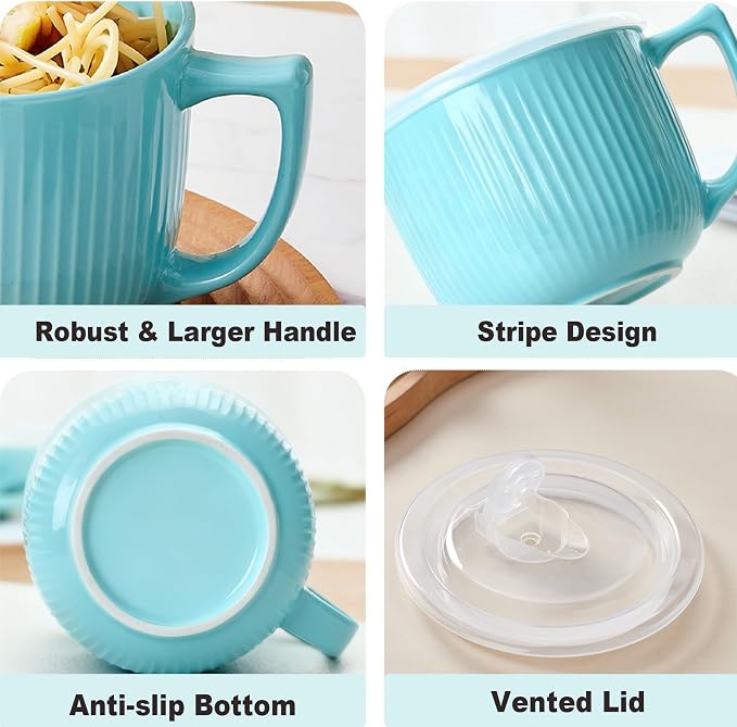 Ceramic Soup Bowl with Handle & Lid, Large 32oz Microwave Ramen Bowl Blue | - Image 5