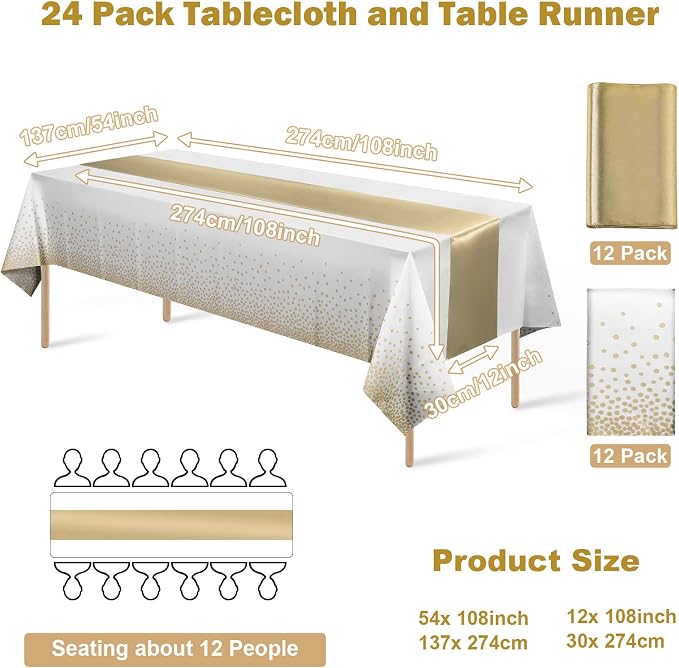 24Pack Disposable Plastic Tablecloths and Satin Table Runner Set White and Gold - Image 2