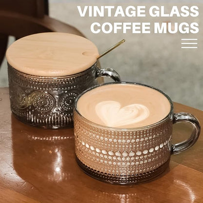 Vintage Glass Coffee Mugs, 14 Oz Set of 2 Embossed Glassware Tea Cups - Image 2