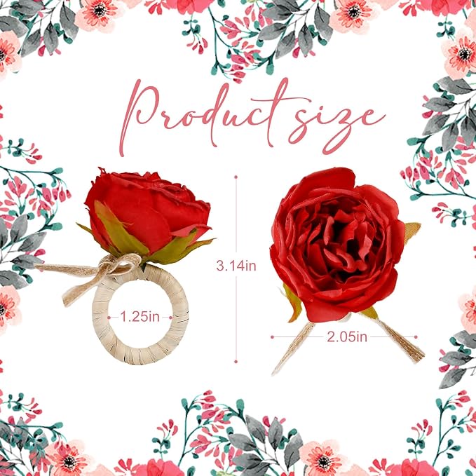 Handcraft Red Flower Napkin Rings Set of 12, Peony Napkin Holder Floral Rings - Image 6