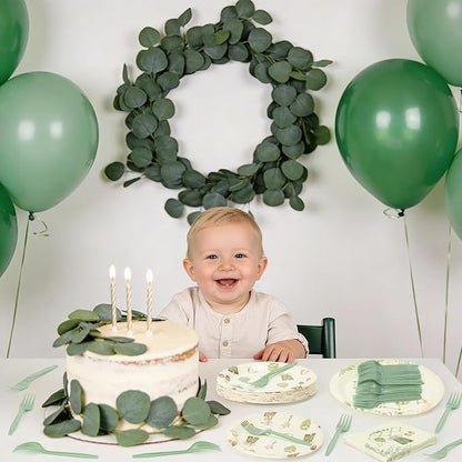 96Pcs Sage Green Eucalyptus Baby Shower Party Plates Supplies Greenery Leaves - Image 6