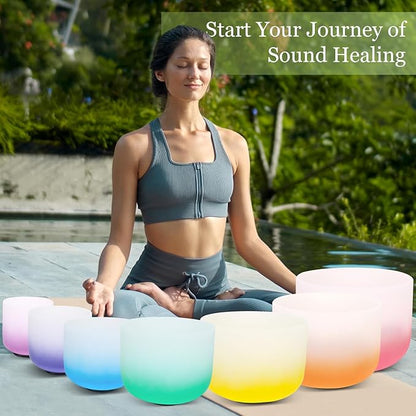 432HZ 6-12 Inch 7 Pcs Gradient Frosted Crystal Singing Bowl Set for Meditation Healing Yoga Chakra Quartz Crystal Sound Bowls with Heavy Duty Carry Cases and Rubber Mallet,Suede Striker,O-rings