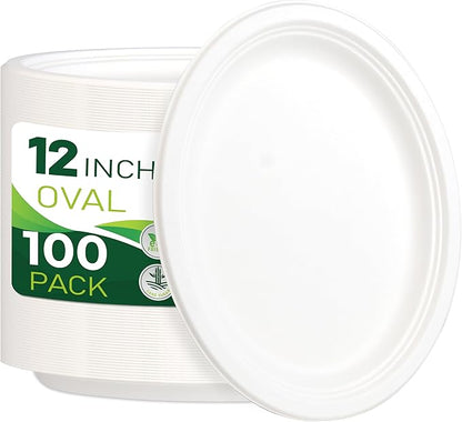 100PCS 100% Compostable White Oval Paper Plates(12in), Heavy Duty Disposable Plates, Eco-Friendly Dinner Plates, Biodegradable Salad, Meal, Dessert Plates, Perfect for Parties, Picnic, BBQ