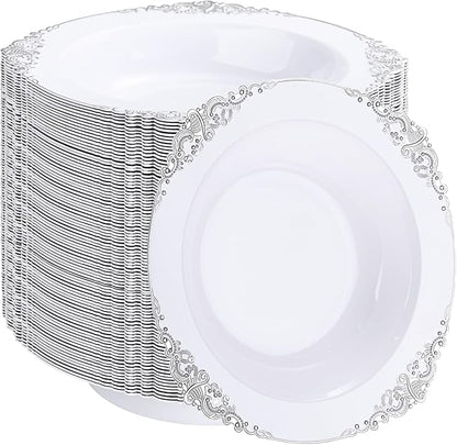 100PCS Silver Plastic Bowls - 12 oz Silver Disposable Salad Bowls - Heavy Duty Disposable Soup Bowl - Fancy Plastic Ice Cream Bowl for Weddings Parties Dinners Picnics