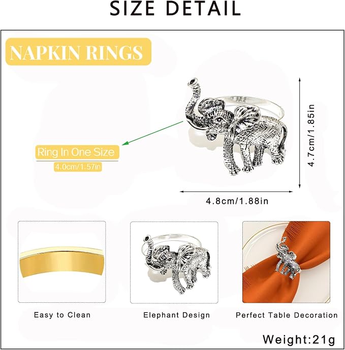 Elephant Napkin Rings Set of 12 Silver Metal Animal Napkin Ring - Image 7