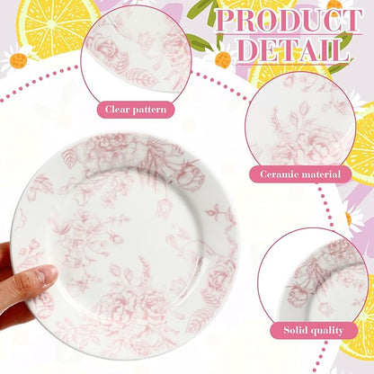 Honeydak 6 Pcs 6 Inch Pink Floral Flower Ceramic Plates Pink and White - Image 5