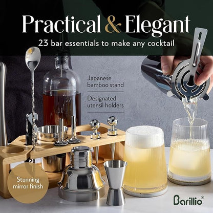 Barillio Bartender Kit - Stainless-Steel Cocktail Shaker Set w/Bamboo Stand - Mixology Bar Tools w/Drink Shaker, Mixer Spoon & Muddler for Cocktails - Home Bar Accessories - 23-Pc Bar Set - Silver