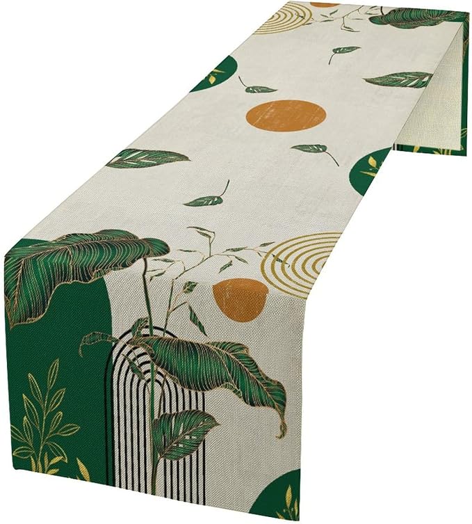 Green Abstract Mid Centruy Table Runner Retro Boho Tropical Leaves Palms Tree by moderw