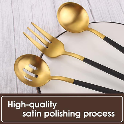 VANVRO Matte Black Gold Serving Silverware Set, 5-Piece Round Shared Utensils - Image 4