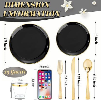 WDF 150PCS Black Plastic Plates - Black and Gold Plates Disposable - 25guest Disposable Dinnerware Sets for Party/Wedding/Halloween/New Year