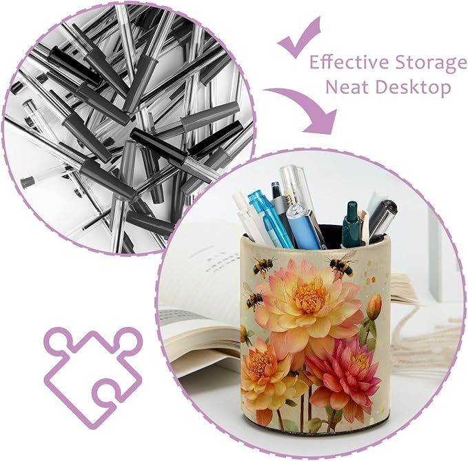 Leather Pen Holder for Desk, Watercolor Floral Pencil Cup Pen Organizer Makeup - Image 4