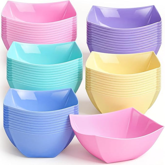 Tanlade 50 Pcs Square Plastic Serving Bowls Disposable Snack Salad Bowl Small Party Candy Bar Containers Taco Bar Serving Dishes for Buffet Chips Fruit(8 oz,Macaron Colors)