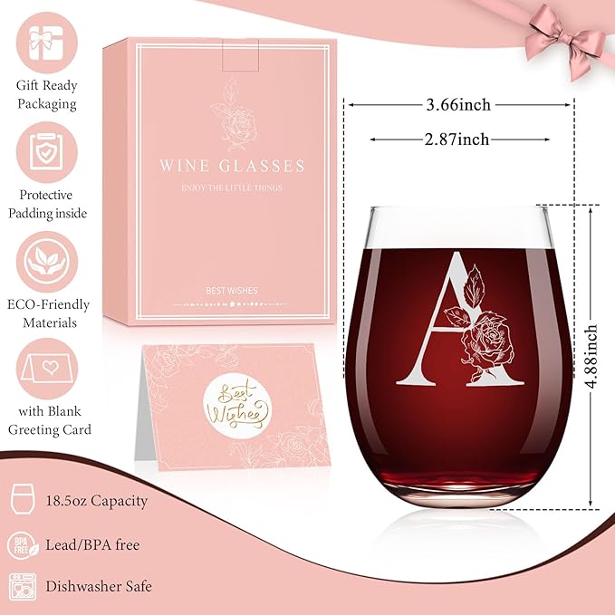 Valentines Day Gifts for Her, Gifts for Women Her Friend Mom Grandma Wife Sister Bridesmaid Nurse, Birthday Galentines Mothers Day Christmas, Personalized Initial Customized Wine Glasses 18OZ(A)