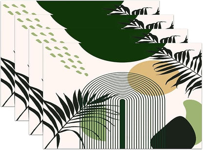 Boho Mid Century Sun Placemats Printed Modern Rainbow Leaves Green Design Washable Place Mats 12x18Inch for Dining Kitchen Farmhouse Decor 6 PCS
