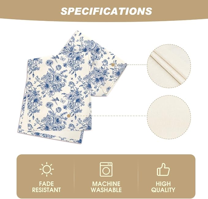 Artoid Mode Spring Beige Blue Floral Chinoiserie Table Runner, Seasonal Summer - Image 5