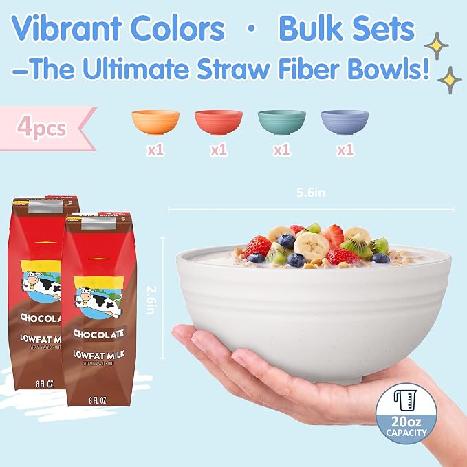 Quatish 4 PCS Unbreakable Cereal Bowls, Dishwasher & Microwave Safe Wheat Straw - Image 4