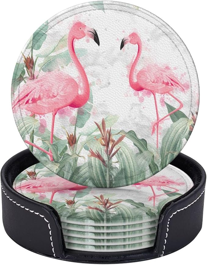 6 Pcs Watercolor Tropical Flamingo Leather Coasters by Jfniub