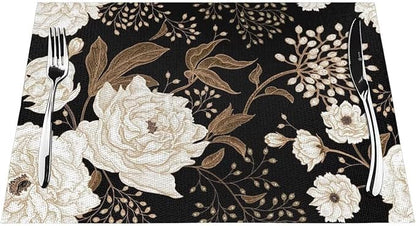 Placemats Set of 6 Vintage Peony Place Mats Beige Floral Leave Rustic Black Woven Table Mats Washable Beige Flower PVC Placemat for Dining Kitchen Decor Indoor Outdoor, 12 x 18 Inch