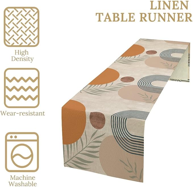 Abstract Mid Centruy Table Runner Retro Boho Tropical Leaves Sun Geometric Arch - Image 4