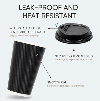 100 Pack 16 oz Disposable Coffee Cups with Lids and Straws, Insulated Ripple Wall To Go Paper Corrugated Cups, Bulk for Hot/Cold Drinks, Cafe Bar, Office, Chocolate, Cocoa (Black)