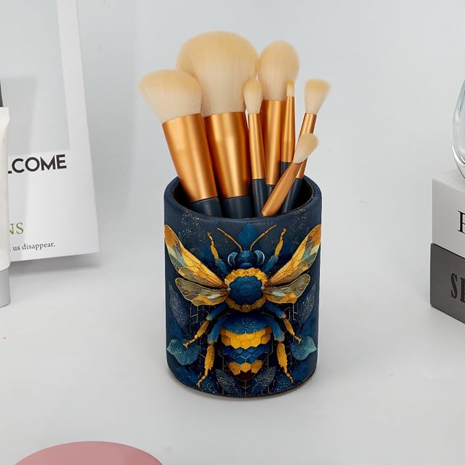 Leather Pen Holder for Desk, Bee Pencil Cup Pen Organizer Makeup Brush Holder - Image 6