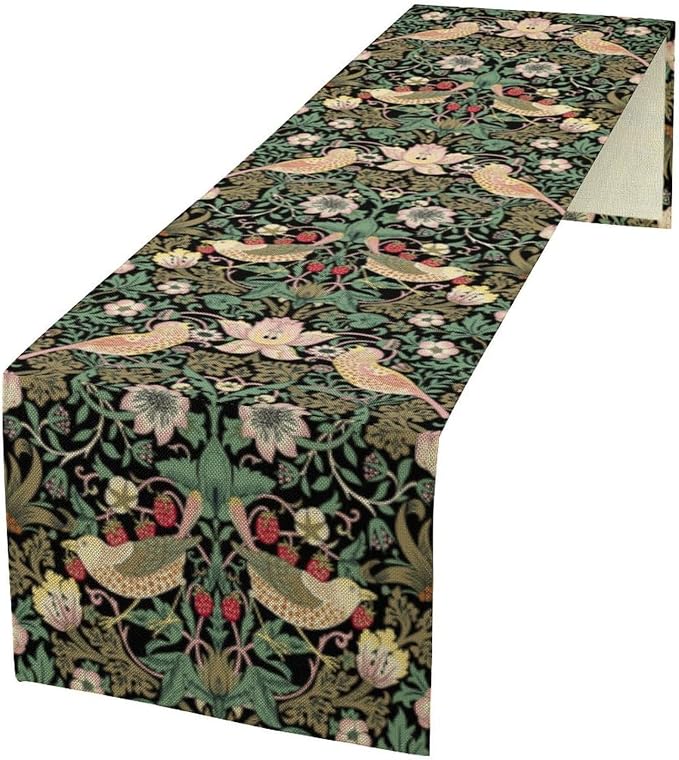 William Morris Floral Table Runner, Vintage Flowers Green Botanical Printed by Yearn+Jear
