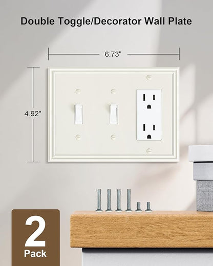2-Pack Combo Double Toggle/Single Decorator Outlet Cover Plate, Zinc Alloy Decorative Light Almond 4 Gang Switch Plates for Electrical Outlets, Receptacle, GFCI Outlet, Dimmer Switch