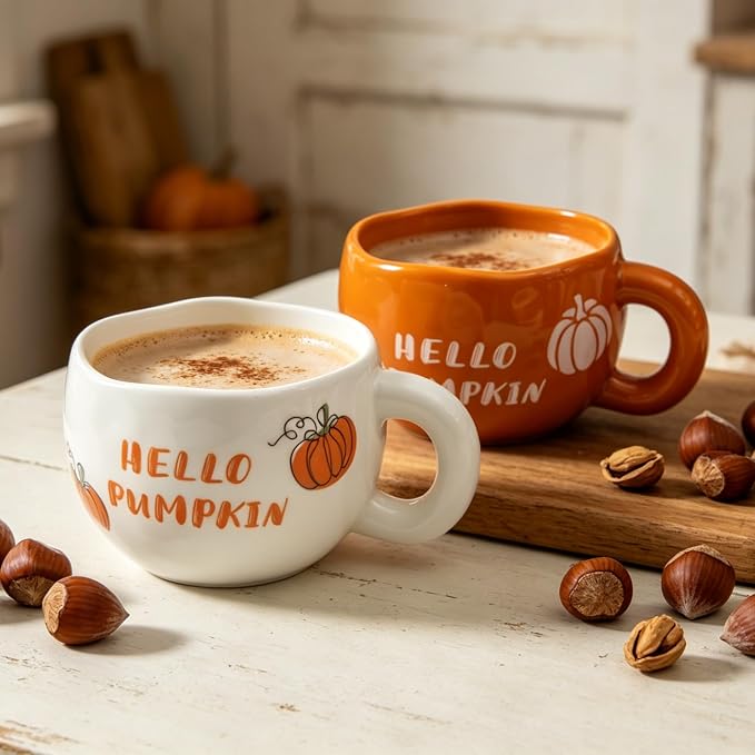 4pcs Ceramic Mugs Set, 9.4OZ Cute Coffee Cup Set, Hello Pumpkin Design - Image 7