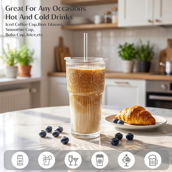 INSETLAN 20oz Ribbed & Floral Glass Tumblers - Image 2