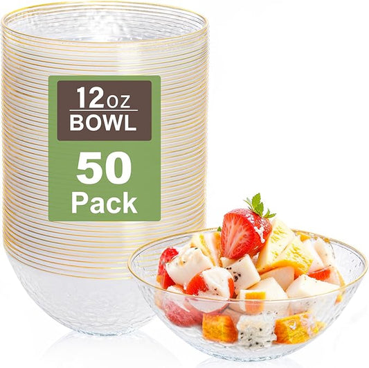 Rubtlamp 50 Pack Clear Disposable Bowls, Clear Plastic Bowls with Gold Rim, 12-16oz Premium Heavy Duty Plastic Hammered soup Bowls for Milk Cereals, Snacks, Salads