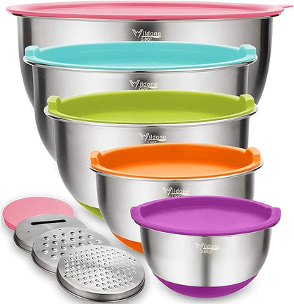 Wildone Mixing Bowls with Airtight Lids Set, with Grater Attachments & Non-Slip by Wildone
