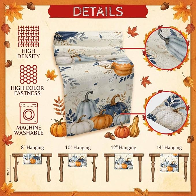 Blue Pumpkins Fall Table Runner 72 Inches Long, Thanksgiving Eucalyptus Leaves - Image 5
