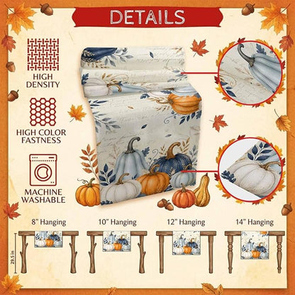 Blue Pumpkins Fall Table Runner 72 Inches Long, Thanksgiving Eucalyptus Leaves - Image 5