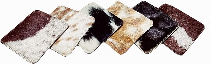 NGF Cowhide Coaster Set of 6 pcs Natural Cowhide Drink Coasters Hair On Square - Image 2