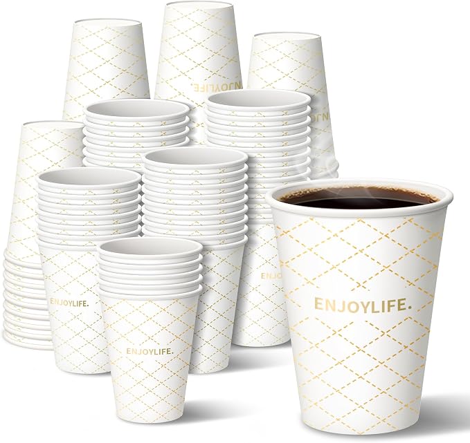 MOUMOULIFE Disposable Paper Coffee Cups 12 oz 100 Count, Leak-Proof Gold Gilded - Image 4